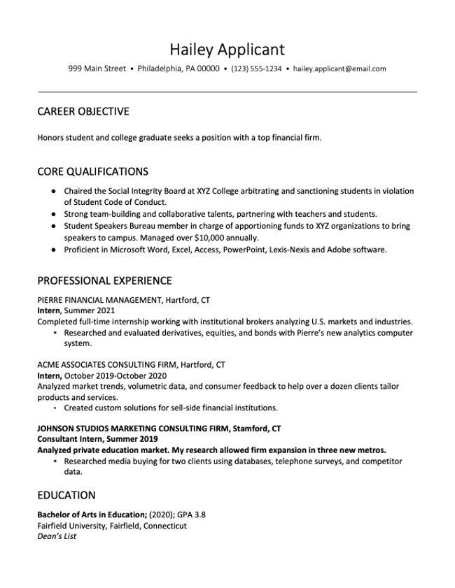 Ekraanipilt kolledži lõpetanud rahanduse CV-st