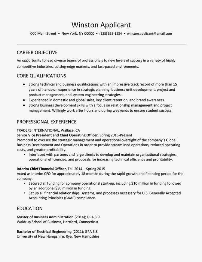 Screenshot ng isang halimbawa ng executive resume na may profile